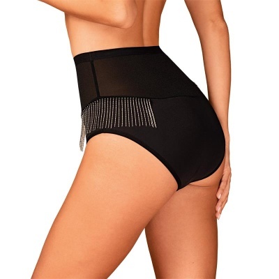 Cueca feminina preta com cintura alta e franjas de pedraria