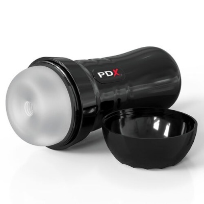 Dispositivo cilíndrico preto com tampa destacada e marca PDX