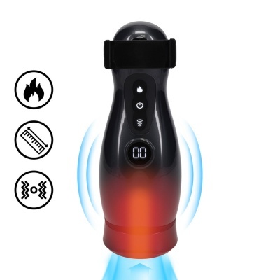 Dispositivo eletrônico preto com visor digital e botões, com efeitos gráficos de calor e vibração