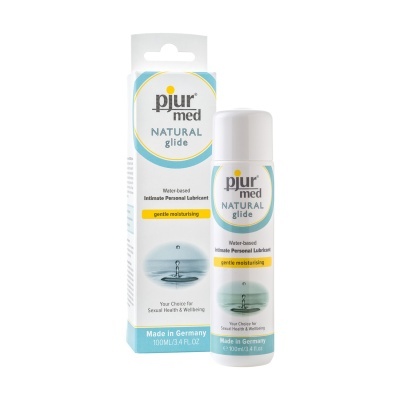 Frasco branco de lubrificante pjur med natural glide junto à sua embalagem