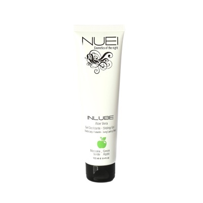 Tubo branco de gel deslizante NUEL INLUBE Aloe Vera com tampa preta e imagem de maçã verde.