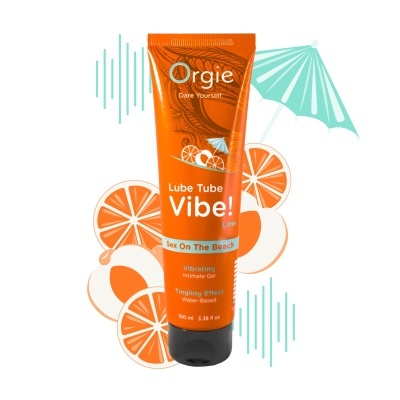 Tubo laranja de gel íntimo vibratório com texto e ilustrações de laranja e guarda-sol azul.