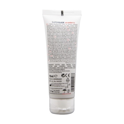 Tubete branco com gel lubrificante sabor morango e texto detalhado na embalagem.