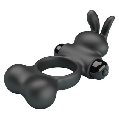 Anel vibratório preto feito de silicone com forma de coelho e cápsulas cilíndricas