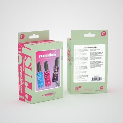 Embalagens verdes de lubrificantes pessoais essentials da marca crushious com detalhes cor-de-rosa e três frascos visíveis