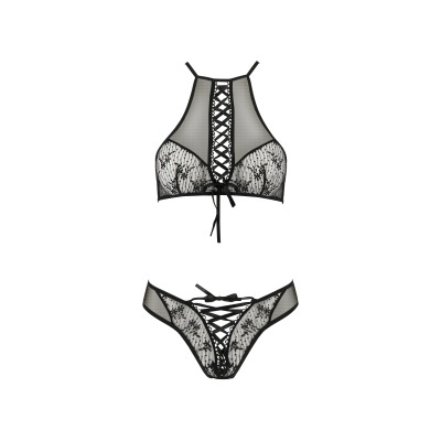 Conjunto de lingerie preta em renda e tule com laços entrelaçados