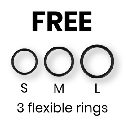 Três anéis flexíveis pretos em tamanhos S, M e L com texto FREE e 3 flexible rings.