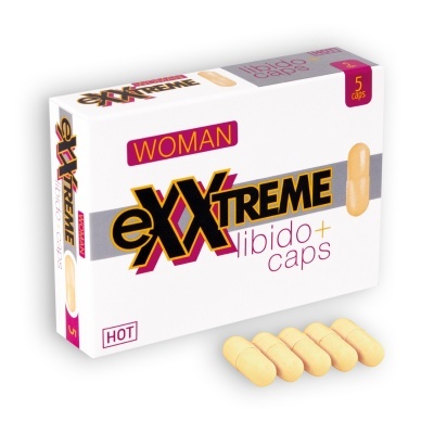 Caixa branca de cápsulas eXXTREME libido+ para mulher com cinco cápsulas amarelas
