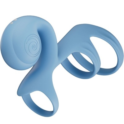 Produto azul em silicone com três argolas e esfera com padrão de espiral