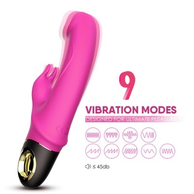 Vibrador rosa com base preta e dourada mostrando modos de vibração.
