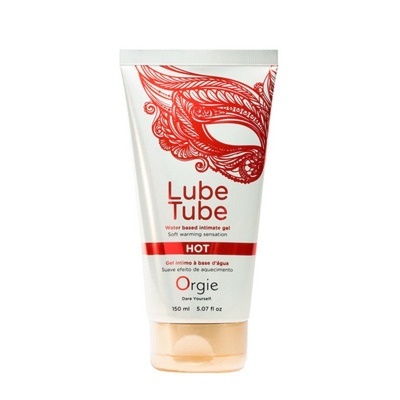Frasco branco de gel íntimo Orgie com design vermelho e tampa champanhe