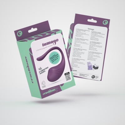 Embalagem lilás e verde de vibrador roxo com controle remoto e texto em várias línguas