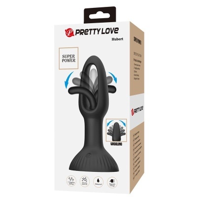 Produto erótico preto PRETTY LOVE Hubert em embalagem branca com texto e ícones