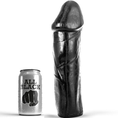 objeto preto grande junto a uma lata prateada com texto ALL BLACK