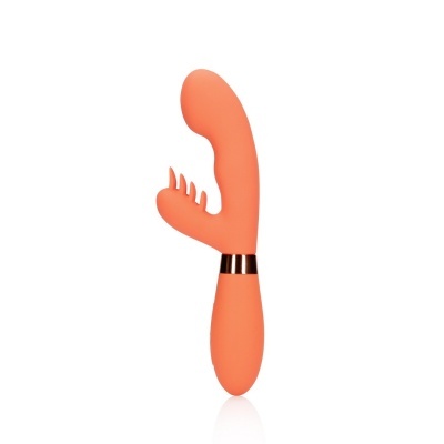 Vibrador cor de coral com anel dourado e apêndices laterais