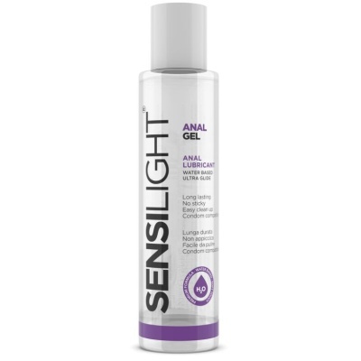 Frasco de gel lubrificante anal Sensilight transparente com tampa branca e detalhes em preto e roxo