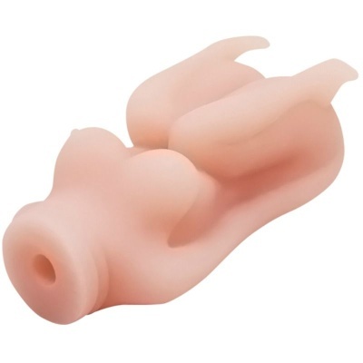 Objeto de silicone cor de pele com forma anatómica e abertura circular