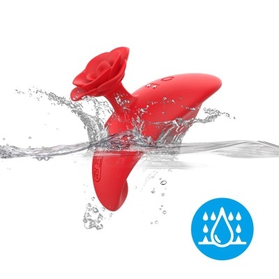 Dispositivo vermelho em forma de flor submerso em água com ícone azul de resistência à água