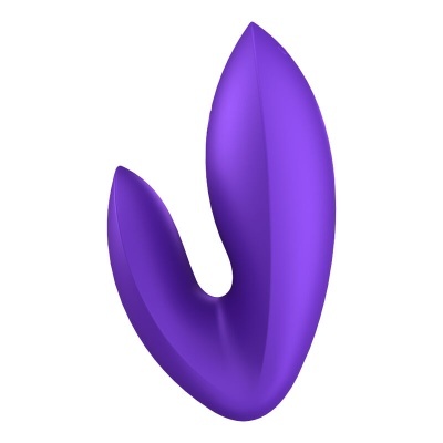 Dispositivo roxo em silicone com duas extremidades curvas pontiagudas