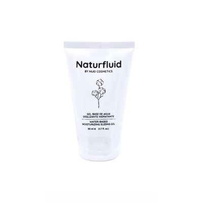 Frasco branco de gel hidratante Naturfluid com texto e desenho de algodão