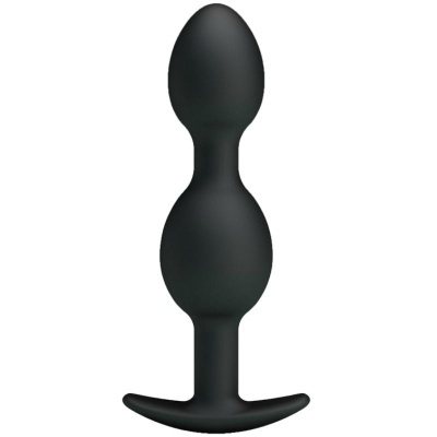 Plug anal preto de silicone com duas bolas e base em forma de T
