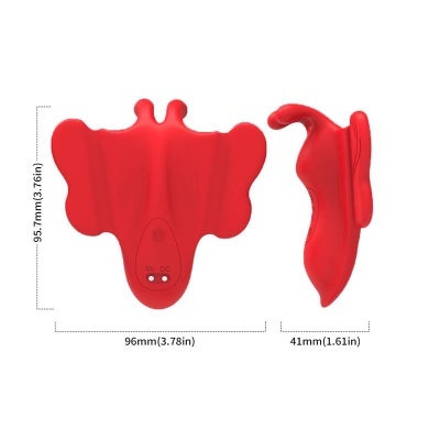 Dispositivo vermelho de silicone com botão e dimensões indicadas