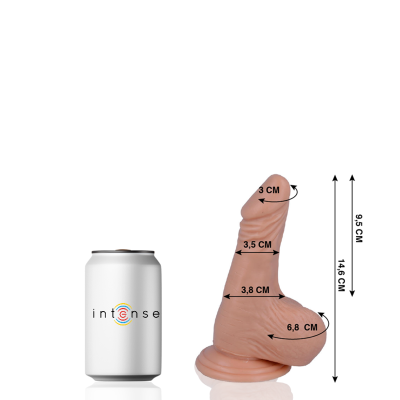 Lata branca com texto intense ao lado de dildo realista em silicone cor pele com medidas