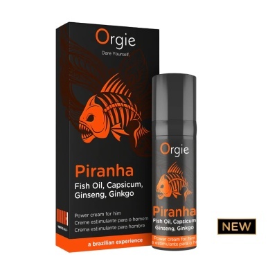 Creme estimulante Orgie Piranha para homem, embalagem preta com peixe laranja