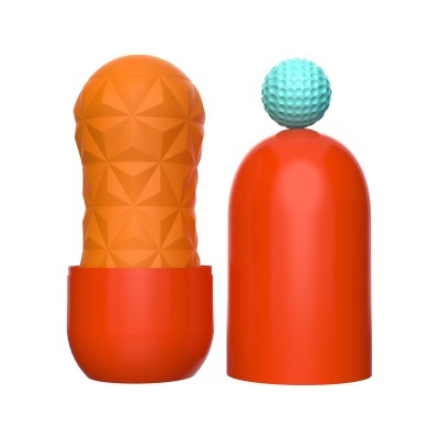 Dois objetos com base vermelha, um laranja texturizado e outro com bola azul claro em cima.