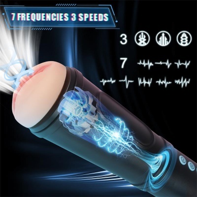 Dispositivo preto com ponta cor de pele e efeitos azuis, texto 7 FREQUENCIES 3 SPEEDS