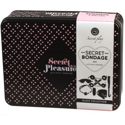 Estojo metálico para acessórios de bondage preto com pontos rosa e texto da marca
