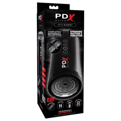 Embalagem do produto PDX Elite Moto Blower preto com texto e ícones