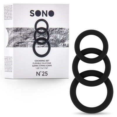 Conjunto de anéis flexíveis de silicone preto SONO com três tamanhos e embalagem branca