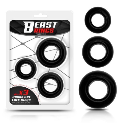 Conjunto de três anéis pretos redondos elásticos na embalagem branca com texto Beast Rings