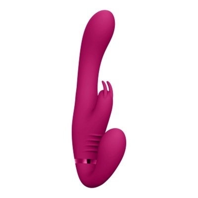 Vibrador cor-de-rosa em silicone com forma curva e detalhes