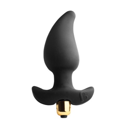 Plug anal preto com base em forma de asa e detalhe metálico dourado