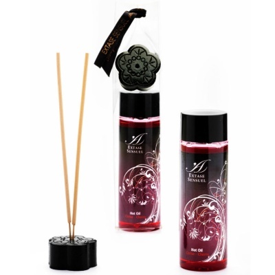 Conjunto de óleo quente Extase Sensuel sabor cereja com difusor preto e pauzinhos de madeira