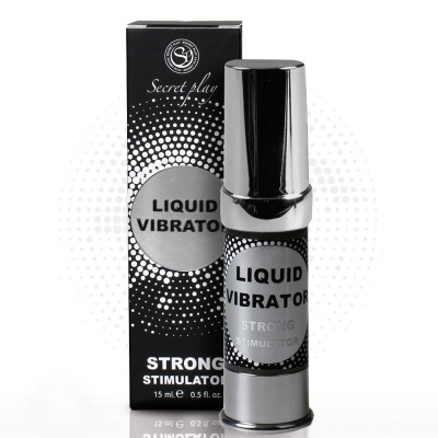 Frasco prateado com rótulo preto e caixa preta de LIQUID VIBRATOR STRONG STIMULATOR
