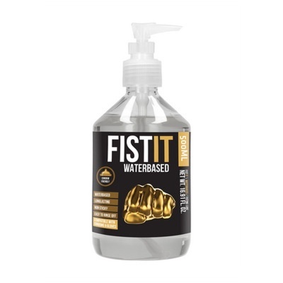 Frasco plástico transparente com doseador branco e rótulo preto e amarelo de lubrificante FIST IT.