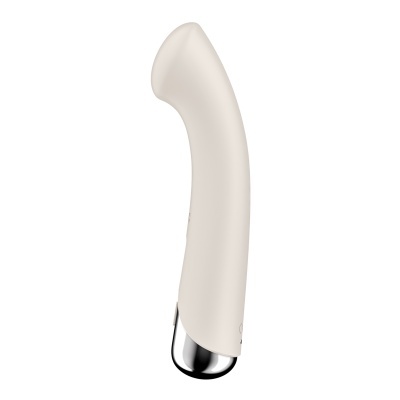Vibrador curvo creme com extremidade metálica prateada em fundo branco