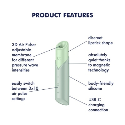Dispositivo em forma de batom silicone verde e cinza com funcionalidades detalhadas