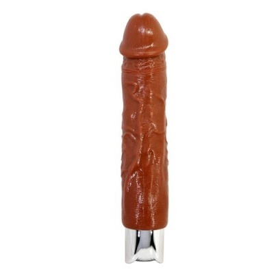 Vibrador castanho realista com base prateada sobre fundo branco