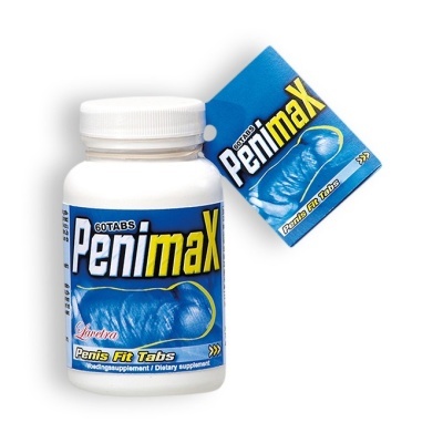 Frasco branco de suplemento Penimax com rótulo azul e texto amarelo e branco