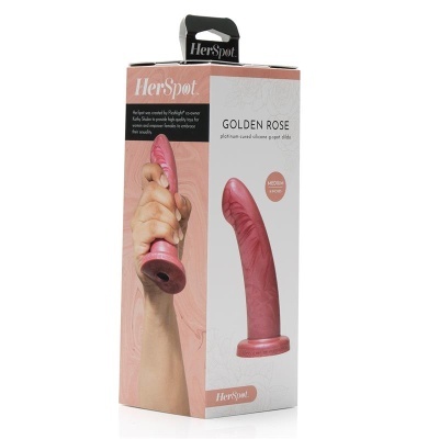 Embalagem de dildo rosa GOLDEN ROSE da HerSpot com mão segurando o produto
