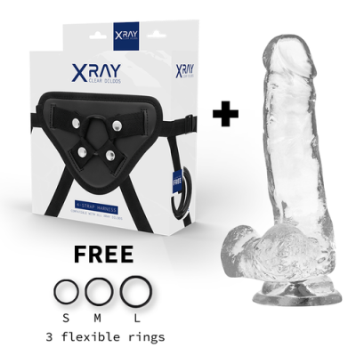 Arnês preto com embalagem branca XRAY Clear Dildos e dildo transparente com 3 anéis flexíveis