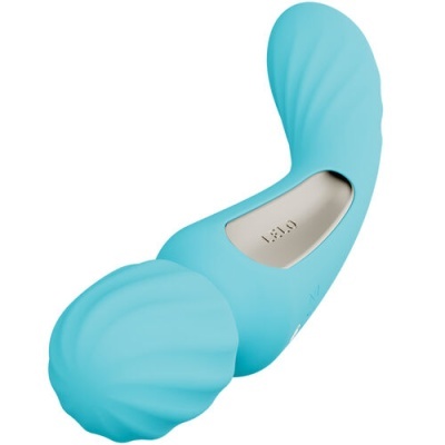 Produto azul em silicone com design curvo e textura ondulada com texto LELO