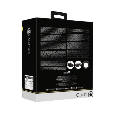 Embalagem preta do produto Ouch! com texto e imagens do acessório de couro