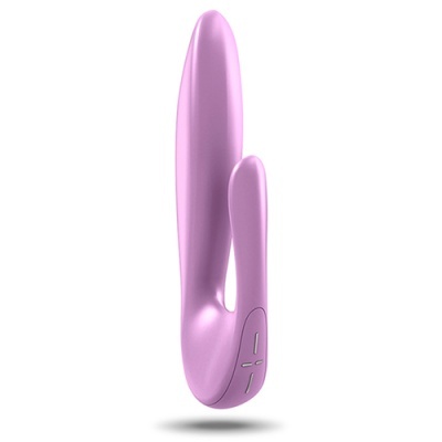 Vibrador rosa em silicone com duas hastes e botões de controlo