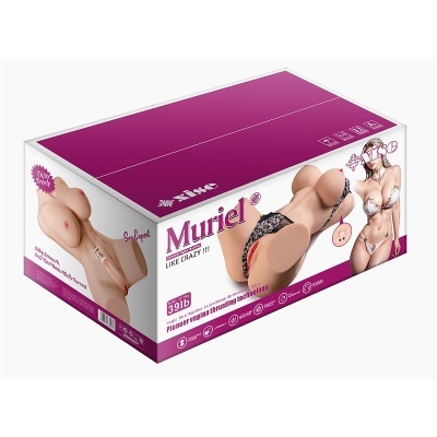 Embalagem roxa e branca com figura feminina em lingerie e texto Muriel LIKE CRAZY !!!