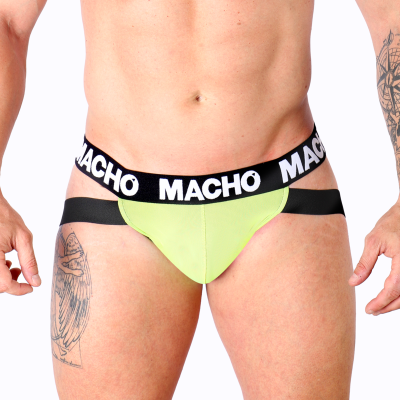 Cueca jockstrap verde lima com cinturão preto escrito MACHO